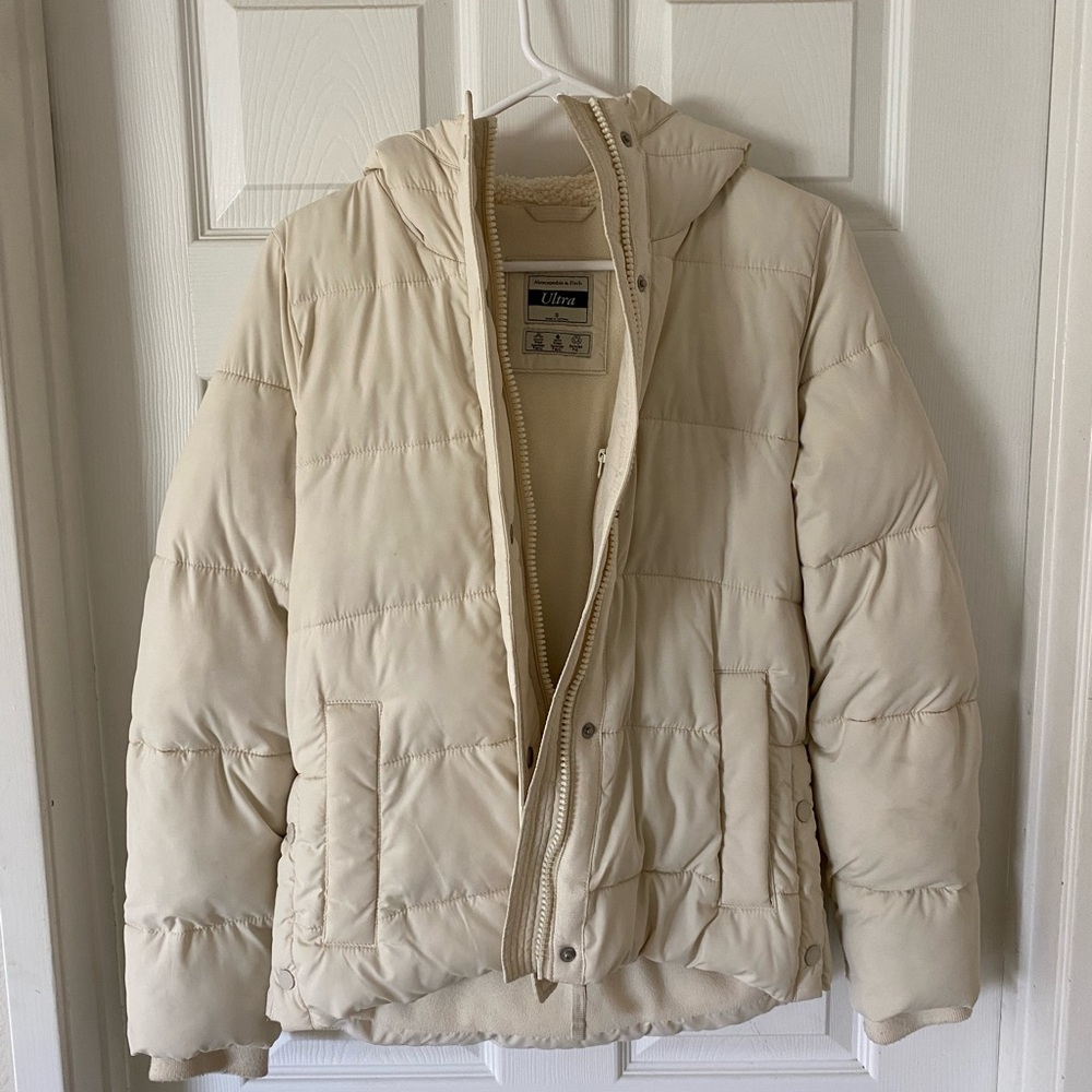 Cream Puffer Jacket with Hood